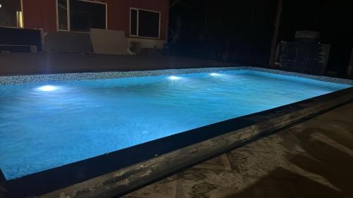 a large blue swimming pool with lights on it at TAG Farm in Greater Noida