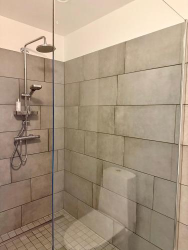a shower with a glass door in a bathroom at Bjarkarholt Guesthouse in Bjarkarholt