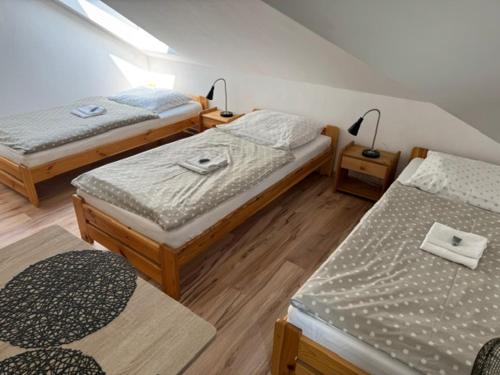 a bedroom with two beds and two tables with lamps at Różana 51 in Opole