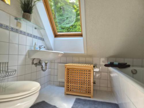 a bathroom with a sink and a toilet and a window at Speck 5 klein in Kargow