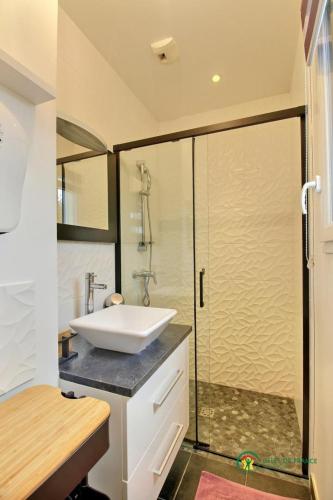 a bathroom with a sink and a glass shower at Les flots du bono in Le Bono