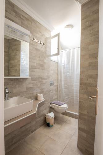 a bathroom with a sink and a toilet and a shower at Zorbas Studios in Lefkos Karpathou