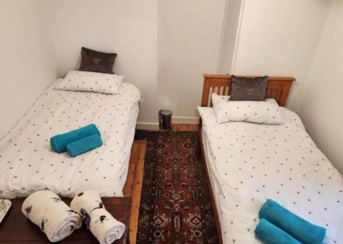 two twin beds in a small room with blue pillows at BEE KIND available with shared bathroom in Glastonbury