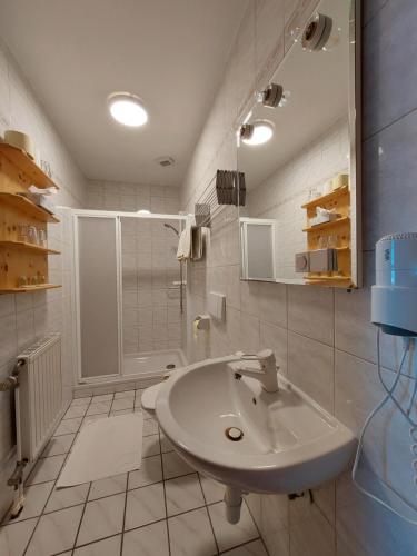 a white bathroom with a sink and a shower at Reiterhof Sonja in Apetlon