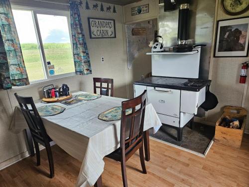 a kitchen with a table with chairs and a stove at Hidden Creek Cabin in Beaverlodge