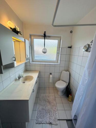 a bathroom with a sink and a toilet and a window at Cozy Home - Holiday, Sleepover in Rødbyhavn