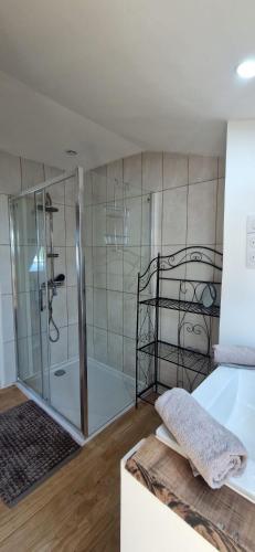 a bathroom with a shower and a bath tub at Les chambres de Mona in Tauriac