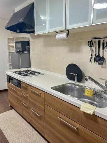 a kitchen with a sink and a stove at COMMA House 川崎 in Kawasaki