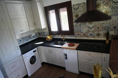 a kitchen with a sink and a washing machine at Alpujarra Las Lindes in Pórtugos