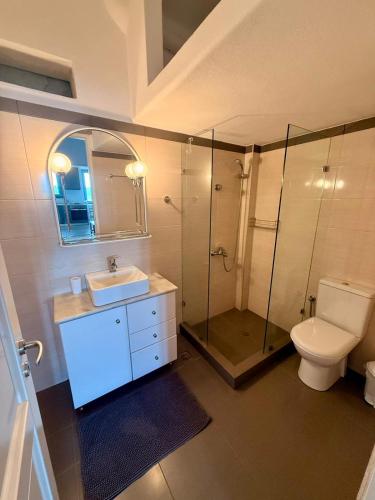 a bathroom with a toilet and a sink and a shower at Rosalie Home - Open Sea Duo in Tinos