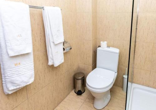 a bathroom with a toilet and towels on the wall at Hotel Restaurant Alesia in Corunca