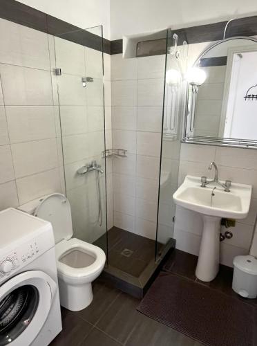 a bathroom with a toilet and a sink and a washing machine at Rosalie Home - Aegean Deck in Tinos
