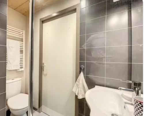 a bathroom with a toilet and a sink and a mirror at Studio montagne Les Carroz in Arâches-la-Frasse