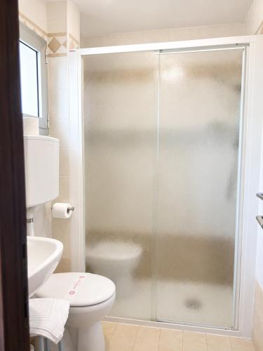 a bathroom with a shower with a toilet and a sink at Azzurro Beach Hotel Igea Marina in Bellaria-Igea Marina
