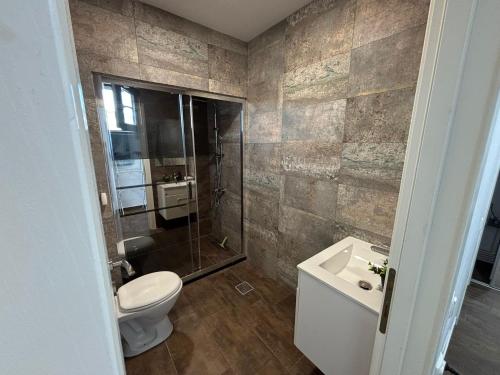 a bathroom with a toilet and a shower and a sink at SeaEsta Studio in Agigea