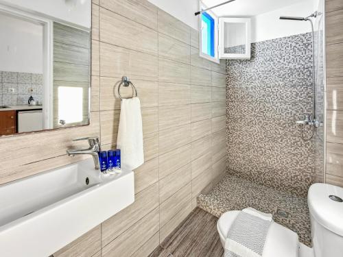 a bathroom with a shower and a toilet and a sink at Stavros Beachfront Domes by Booking Kottas in Perivolos