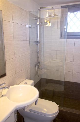 a bathroom with a toilet and a sink and a shower at Rosalie Home - Open Sea Studio in Tinos