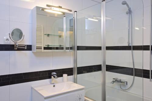 een badkamer met een wastafel en een douche bij Xaver Luxury Apartments in Zagreb