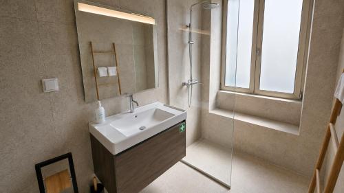 a bathroom with a sink and a mirror at Heritage Apartments in Câmara de Lobos