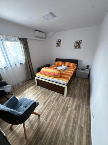a bedroom with a bed and a chair at Oxygen Rooms in Hunedoara