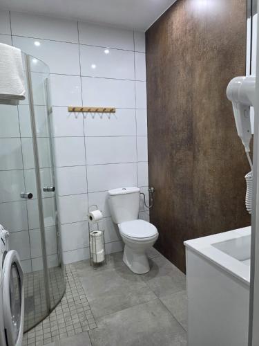 a bathroom with a toilet and a shower and a sink at PRZYSTANEK nowEKOprzywno - Żółty Domek Pod Kasztanem in Barwice