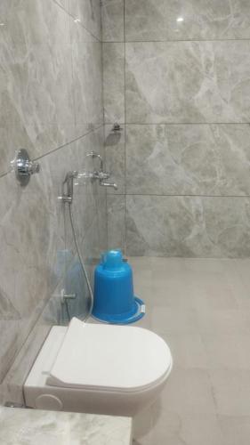 a bathroom with a shower with a toilet with a blue seat at khopoli resort in Khopoli