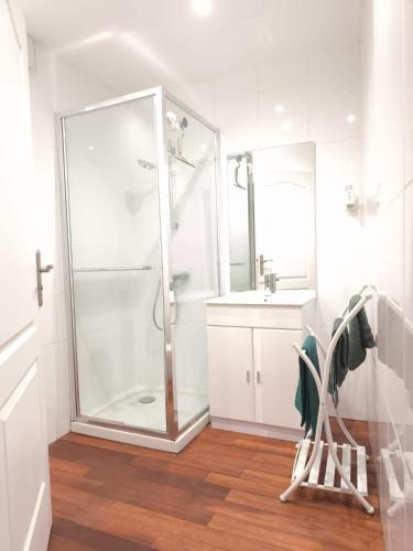 a white bathroom with a shower and a sink at Le Cleyputz in Dunkerque