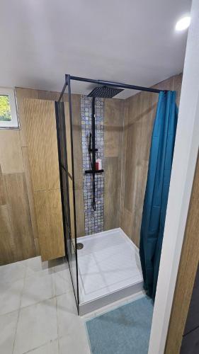 a bathroom with a shower with blue curtains in it at Nature stopover in green Provence in Artigues