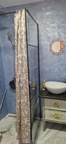 a bathroom with a shower curtain and a sink at Casuta Letitiei in Şirnea