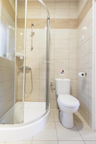 a bathroom with a toilet and a glass shower at Relaks 2 Boszkowo in Boszkowo