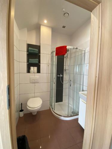 a bathroom with a shower and a toilet and a sink at Pensjonat Roma in Pszczew