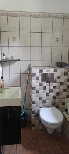 a bathroom with a toilet and a sink and a mop at Lipowy domek Mazury in Piecki