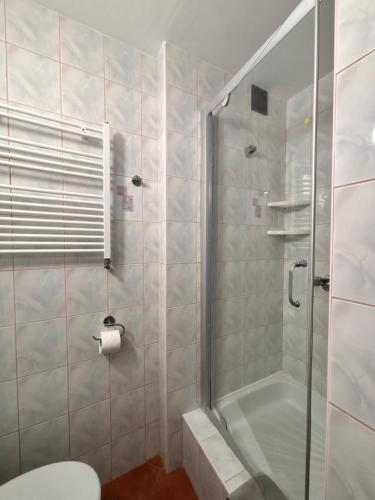a bathroom with a shower and a toilet at Twój Port in Krynica Morska