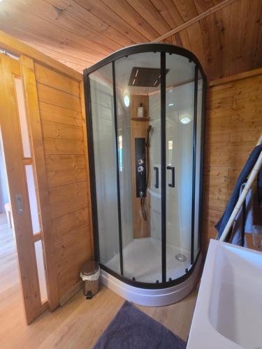 a glass shower in a room with a wooden wall at Les Restanques de Camélie in Saint-Thomé