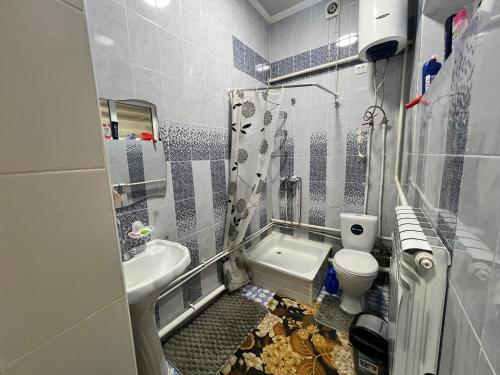a small bathroom with a toilet and a sink at Apartmenthouse in Naryn