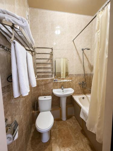 a bathroom with a toilet and a sink at Uzumfermer Hotel & Winery in Tashkent
