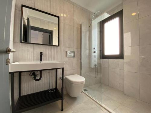 a bathroom with a sink and a toilet and a mirror at Villa Sasadi in Fethiye