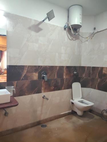 a bathroom with a toilet and a light on the wall at Hotel Saffron Diamond in Jaisalmer