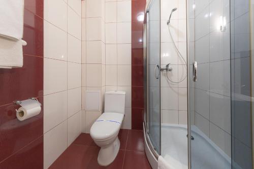 a bathroom with a toilet and a glass shower at Hotel Restaurant Vizit in Truskavets