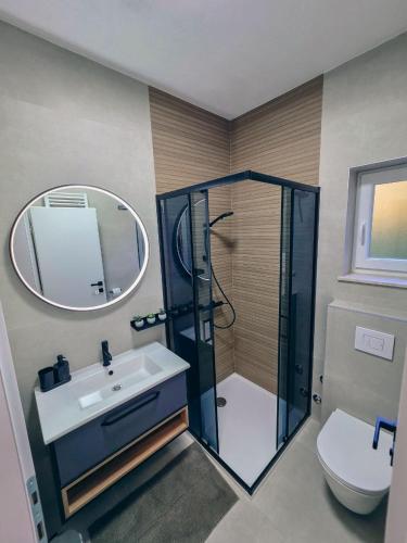 a bathroom with a shower and a sink and a mirror at Guesthouse Gacka idila in Otočac