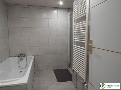 a bathroom with a tub and a sink and a shower at Gîte Le Cayrou in Saint-Just-sur-Viaur
