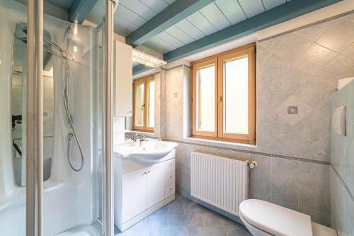 a bathroom with a sink and a shower and a toilet at Ciesa Al Drago in Rocca Pietore