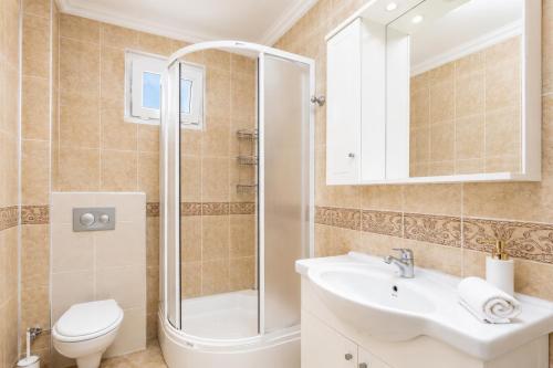 a bathroom with a shower and a toilet and a sink at Daisy Villa in Dalyan