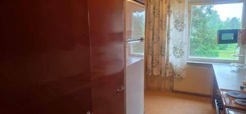 a kitchen with a refrigerator next to a window at Pankkikallio 8 in Sorsakoski