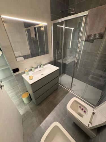 a bathroom with a sink and a shower and a toilet at A due passi da Domodossola in Crevoladossola