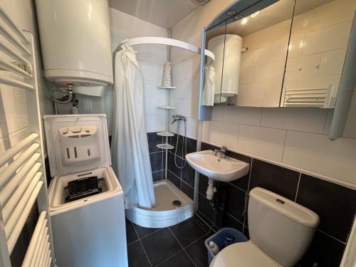 a small bathroom with a toilet and a sink at Studio Bandol Port in Bandol