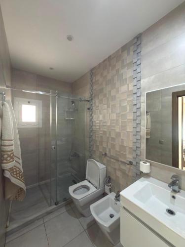 a bathroom with a toilet and a shower and a sink at Appartement à plage Dalia in Dalia