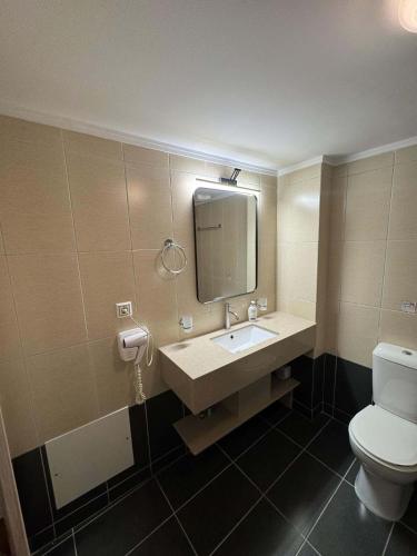 a bathroom with a sink and a toilet and a mirror at Paleochora Apartments in Palaiochora