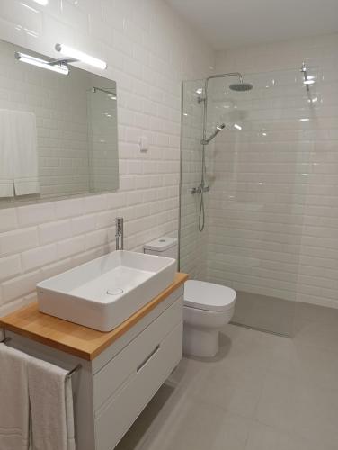a bathroom with a sink and a toilet and a shower at Casa do Patrão Serradalto in Manteigas