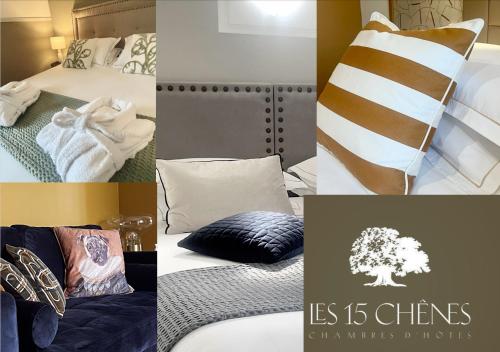 a collage of pictures of a bed and pillows at LES 15 CHENES Chambres d hôtes, parc arboré de 5000 m2 à 20KM du PUYDUFOU Une suite familiale et 3 chambres doubles in Saint-Mesmin